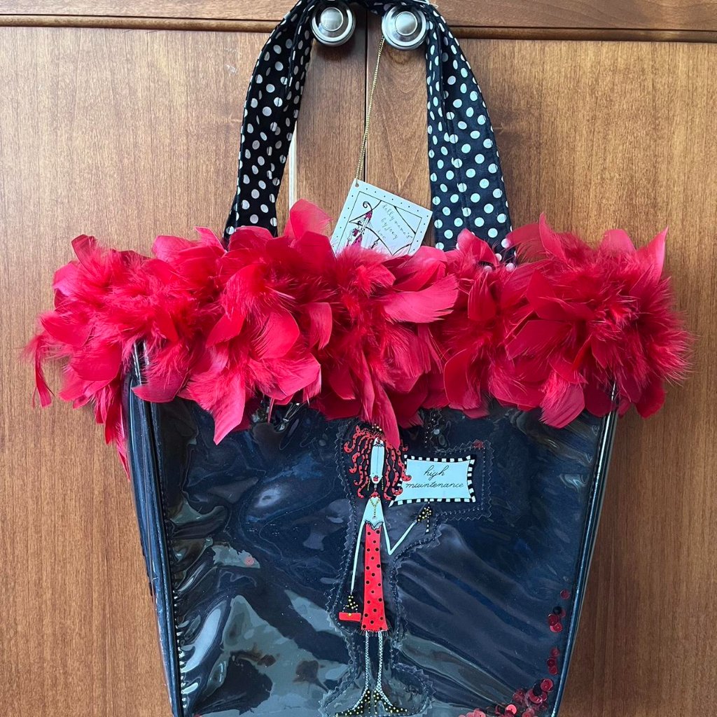 Black Patent W Red Feather Trim Shoulder Bag